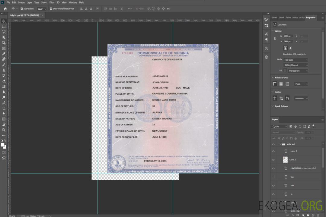 Acte de naissance en Virginie aux États-Unis template